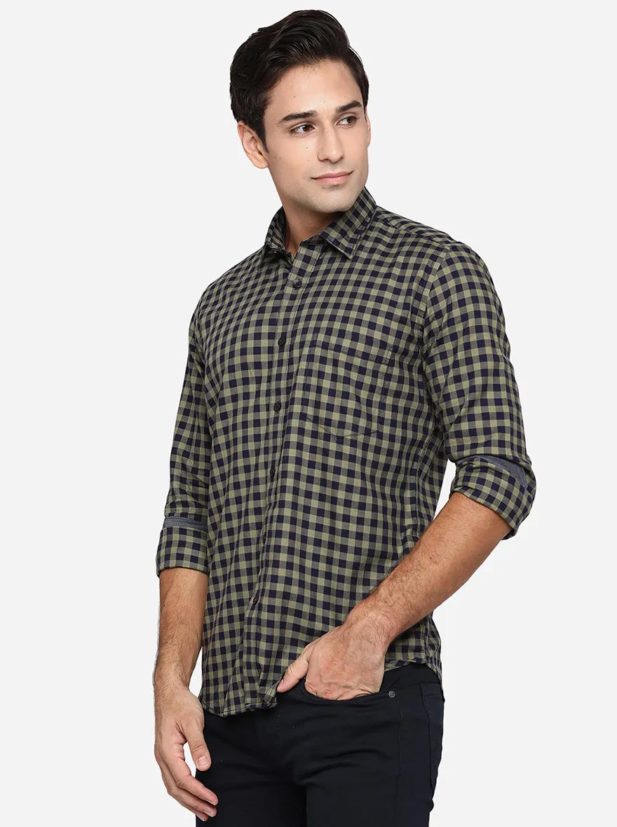 Olive & Navy Blue Checked Slim Fit Casual Shirt | JadeBlue