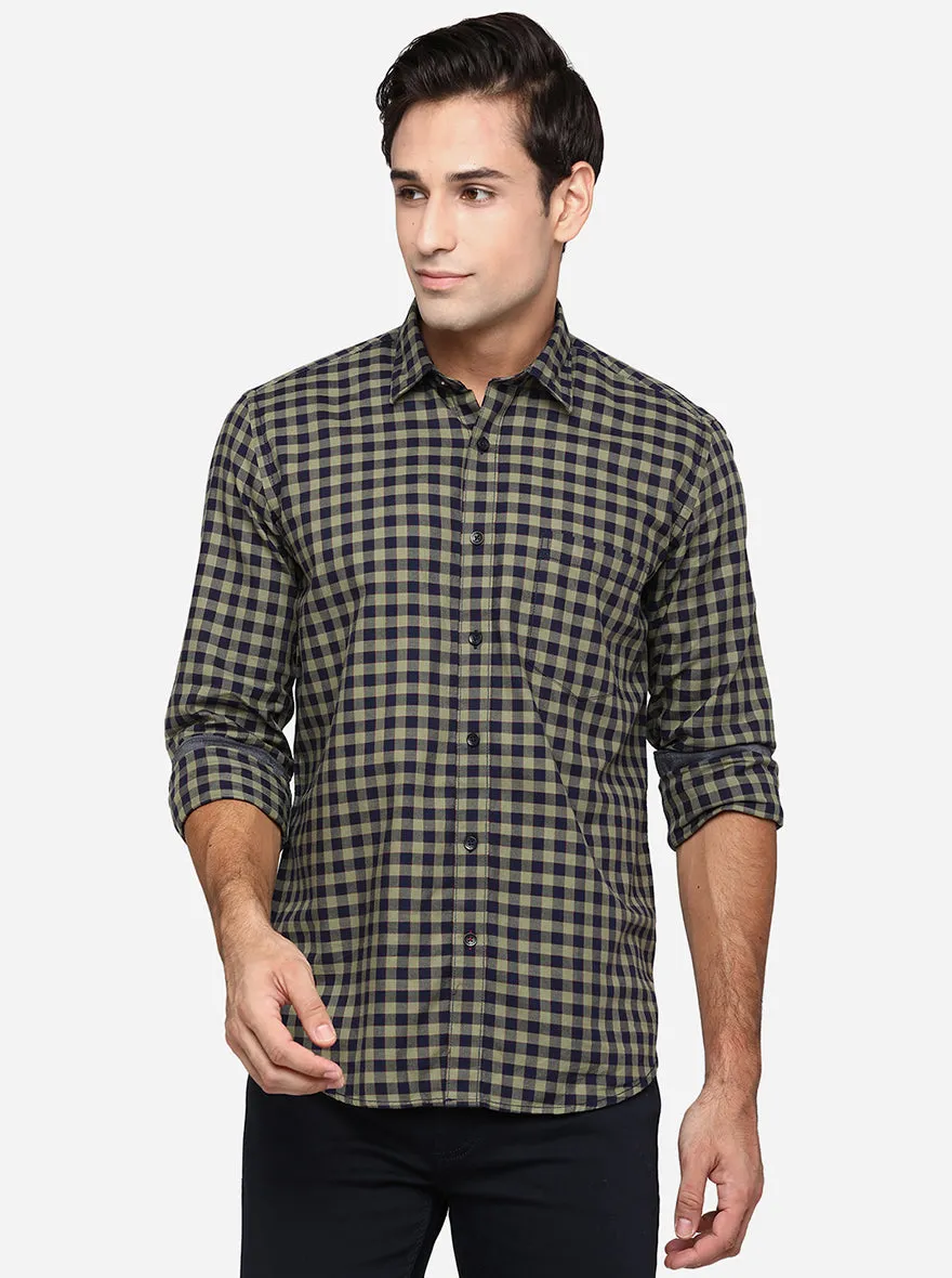 Olive & Navy Blue Checked Slim Fit Casual Shirt | JadeBlue