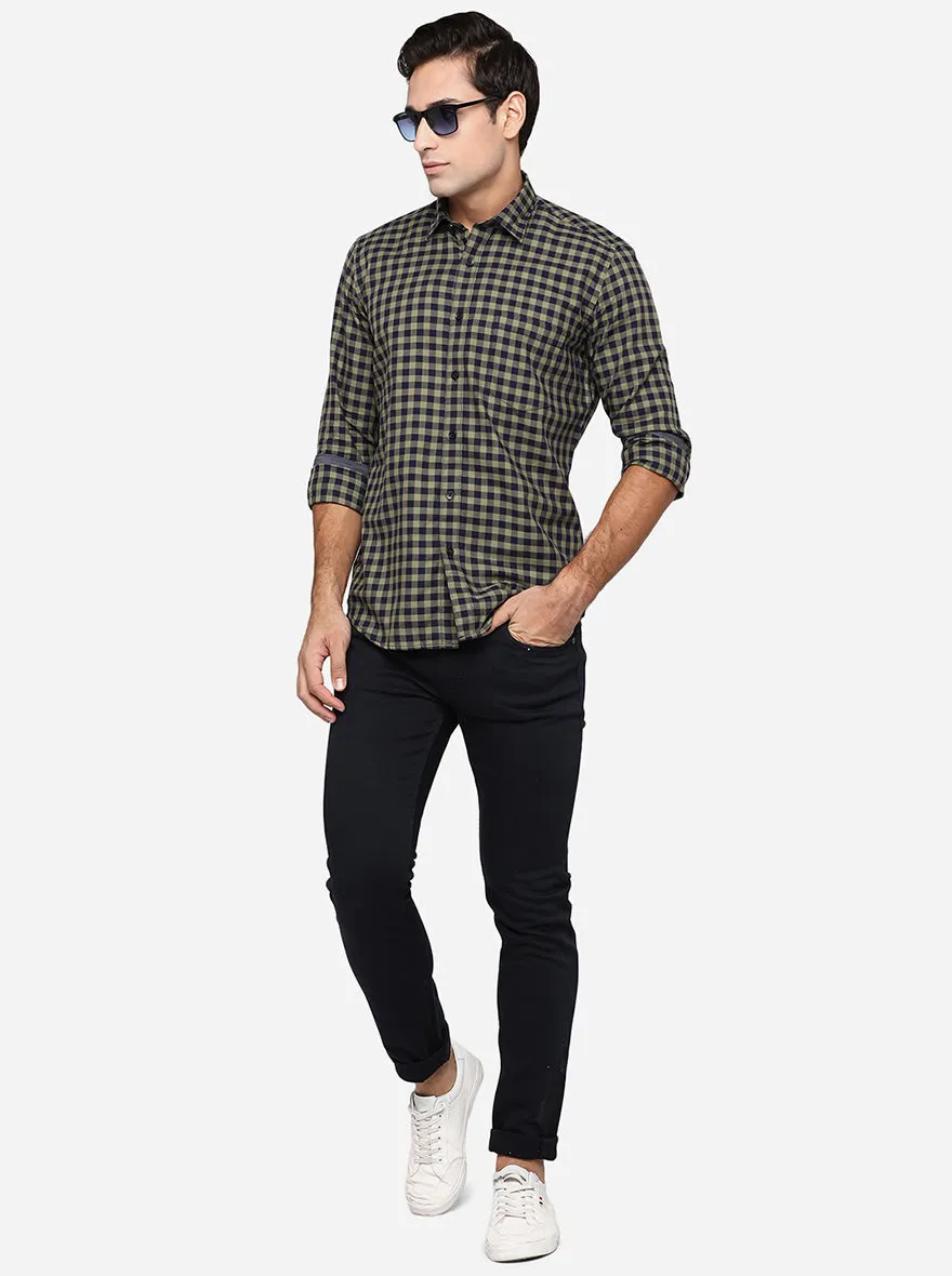 Olive & Navy Blue Checked Slim Fit Casual Shirt | JadeBlue