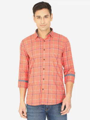 Peach Checked Slim Fit Semi Casual Shirt | JadeBlue