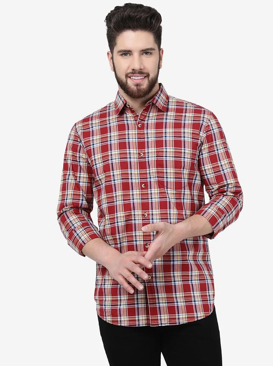 Peach Rust & Blue Checked Slim Fit Casual Shirt | JadeBlue