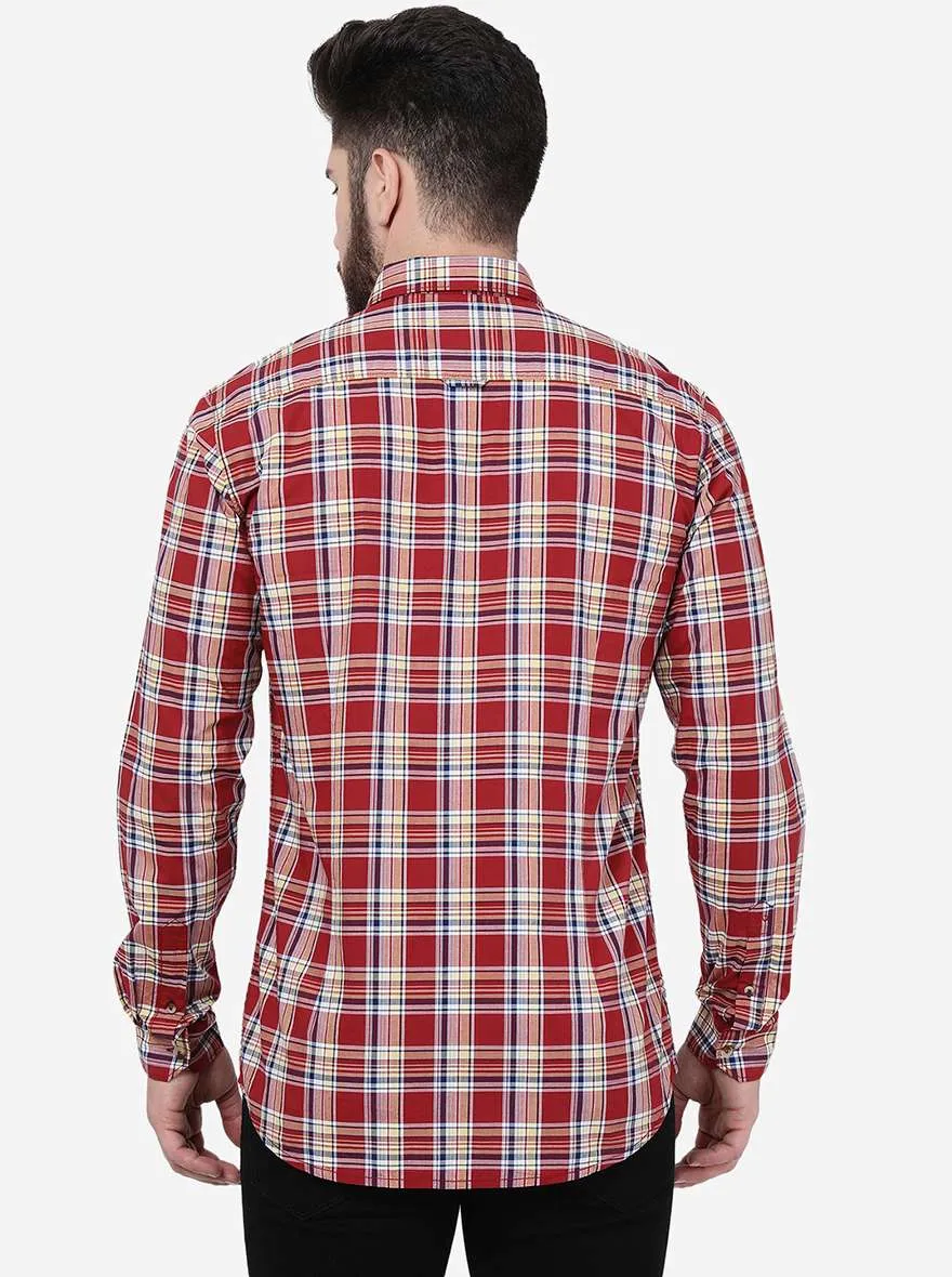 Peach Rust & Blue Checked Slim Fit Casual Shirt | JadeBlue