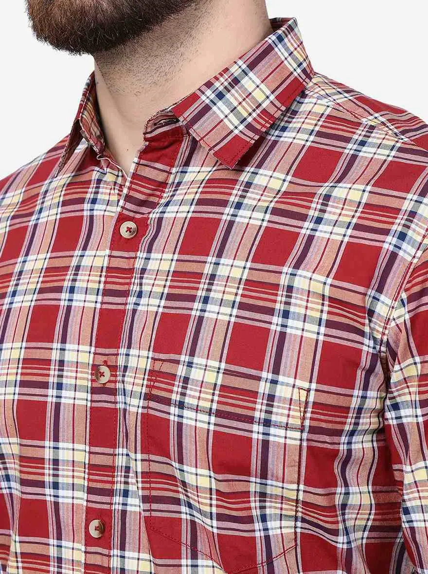 Peach Rust & Blue Checked Slim Fit Casual Shirt | JadeBlue