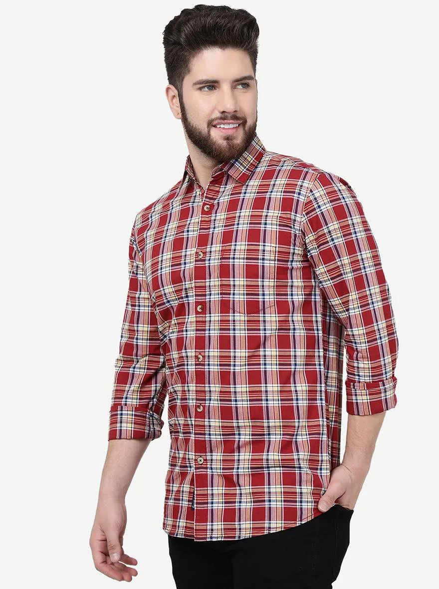 Peach Rust & Blue Checked Slim Fit Casual Shirt | JadeBlue