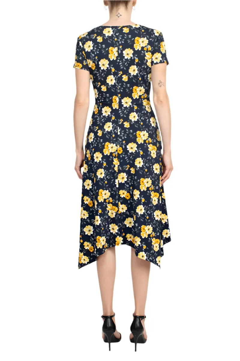 Perceptions V-Neck Short Sleeve Gathered Side Floral Print ITY Dress