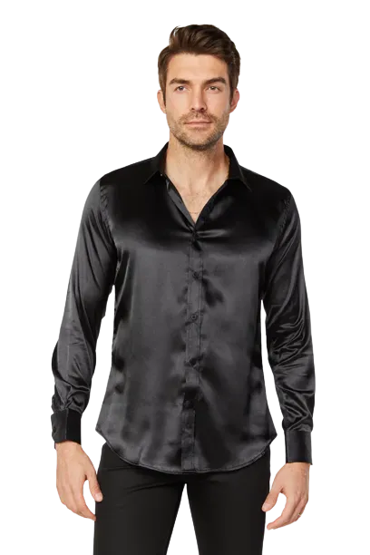 Platini Men's Satin Black Dress Shirt