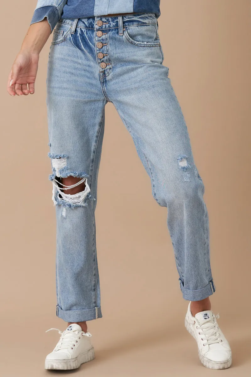 Rolled Up Boyfriend Distressed Vintage Wash Jeans