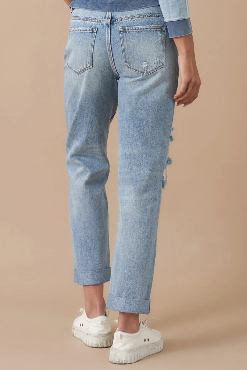 Rolled Up Boyfriend Distressed Vintage Wash Jeans