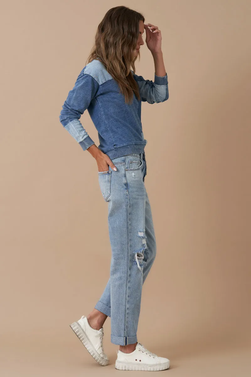 Rolled Up Boyfriend Distressed Vintage Wash Jeans