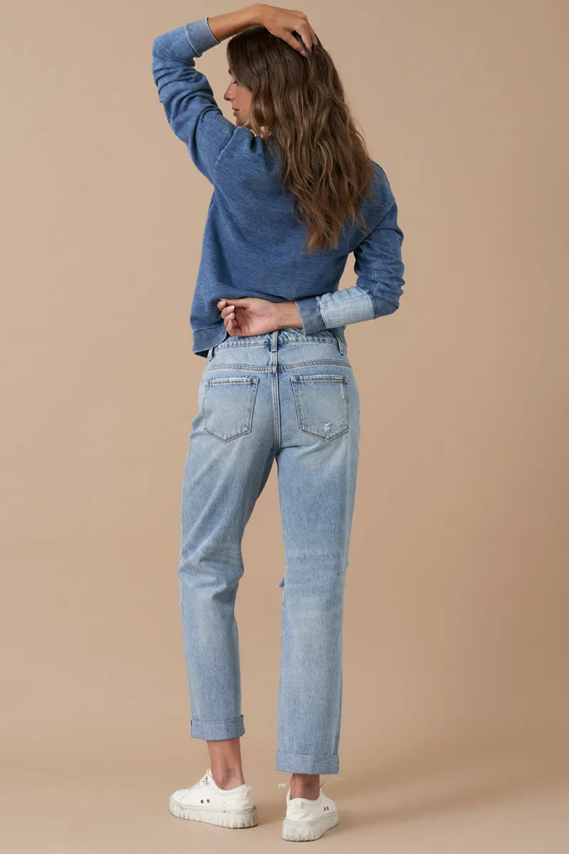 Rolled Up Boyfriend Distressed Vintage Wash Jeans