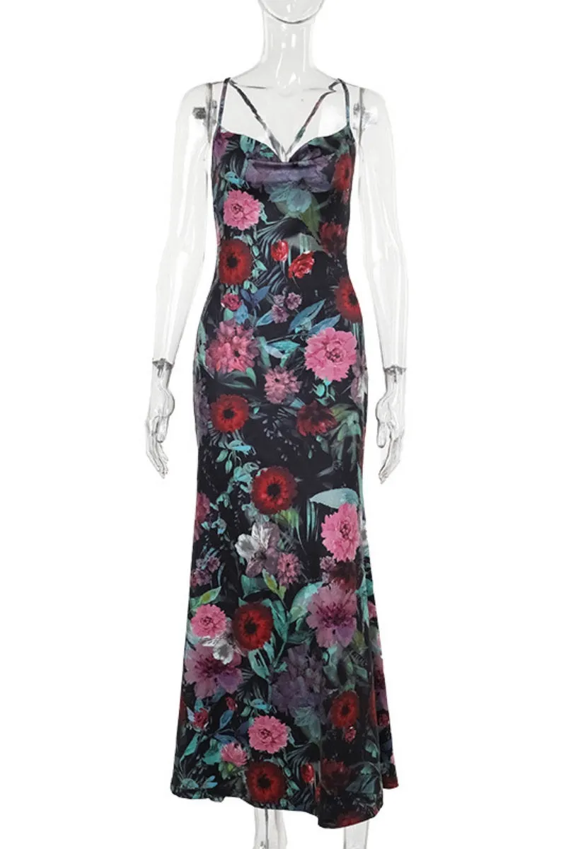 Sexy Casual Floral Print Backless Spaghetti Strap Long Dresses