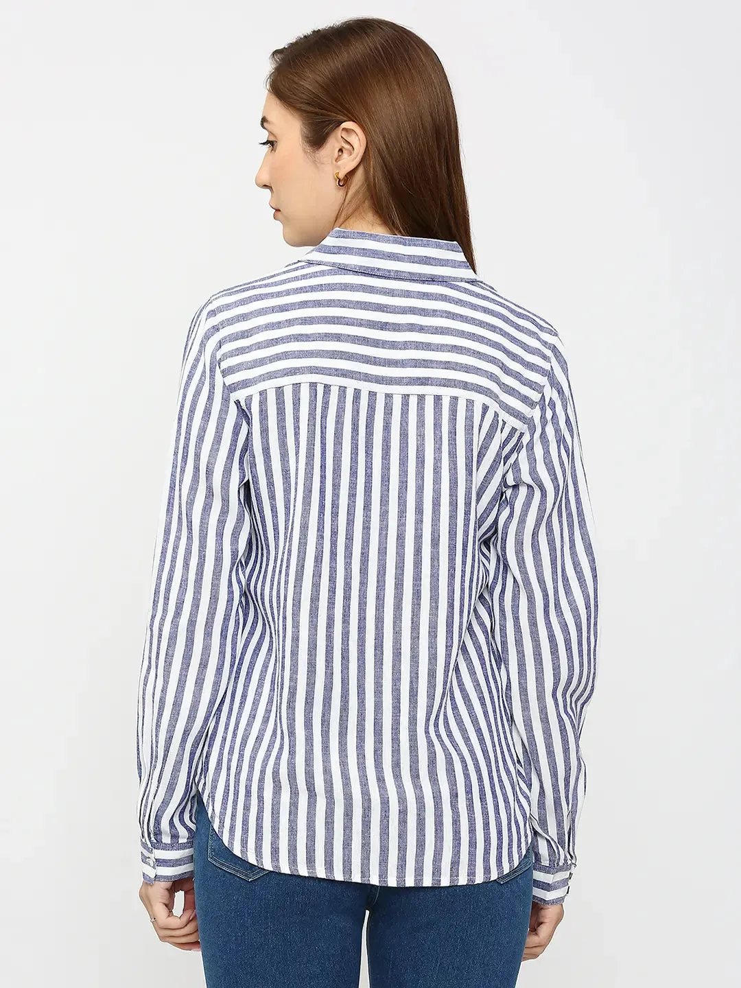 Spykar Women Blue Cotton Regular Fit Striped Shirts