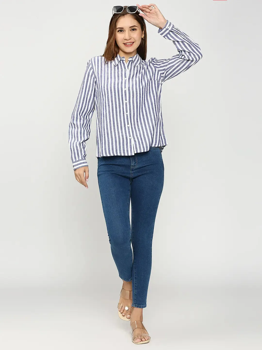 Spykar Women Blue Cotton Regular Fit Striped Shirts