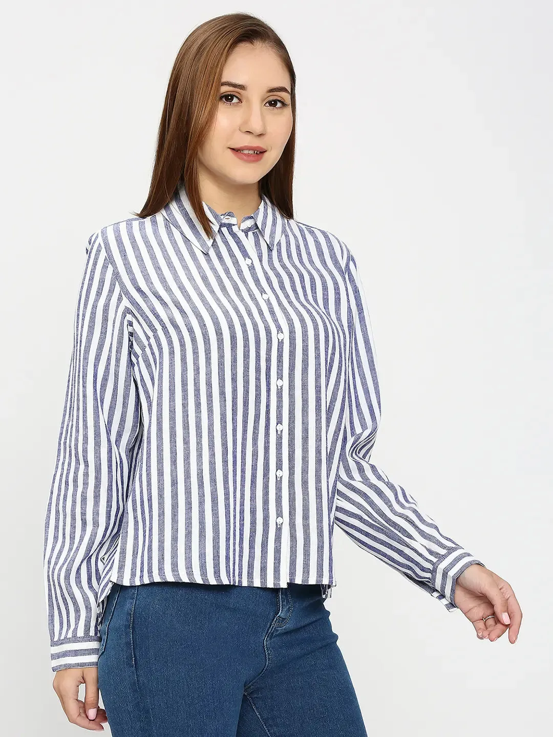 Spykar Women Blue Cotton Regular Fit Striped Shirts