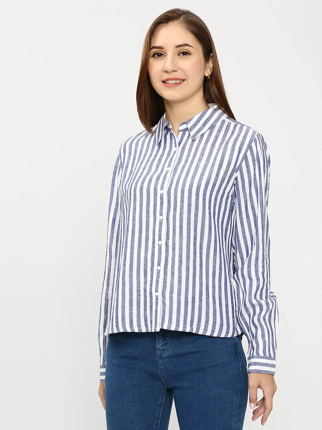 Spykar Women Blue Cotton Regular Fit Striped Shirts