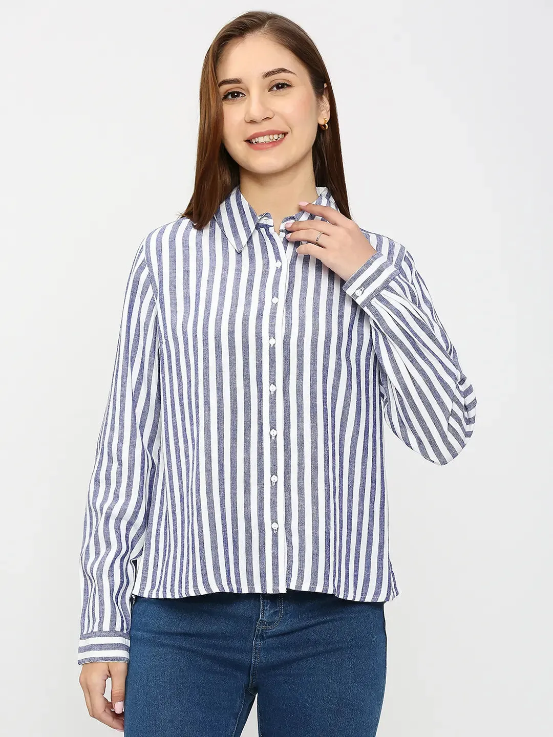 Spykar Women Blue Cotton Regular Fit Striped Shirts