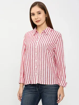 Spykar Women Red Cotton Regular Fit Striped Shirts