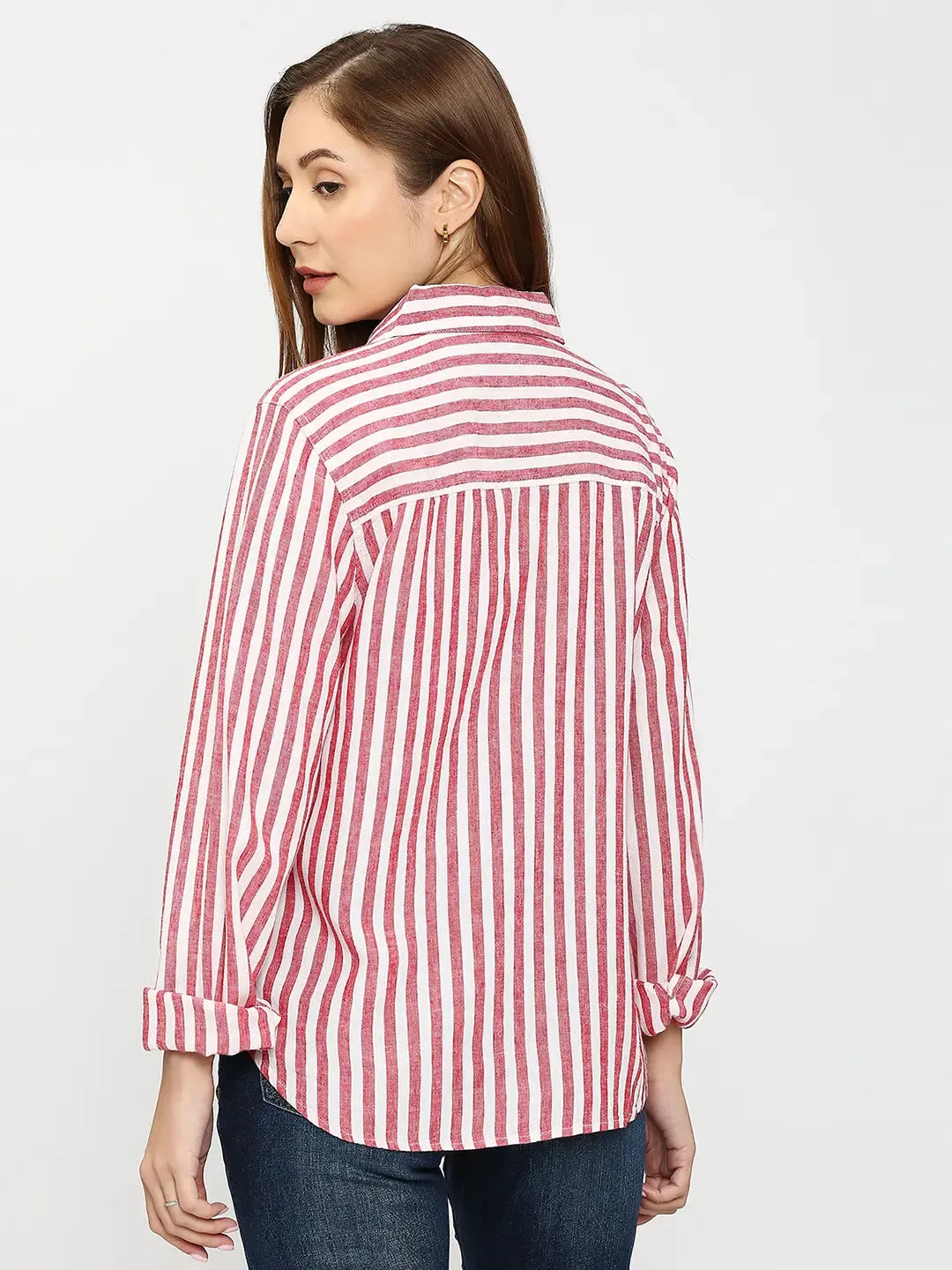 Spykar Women Red Cotton Regular Fit Striped Shirts