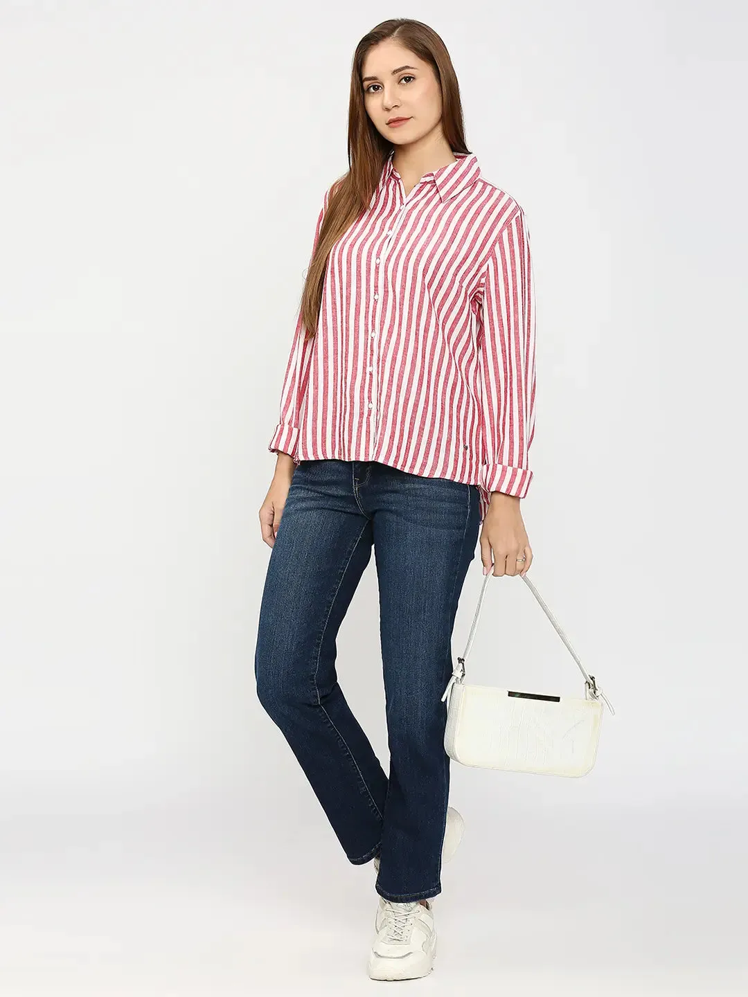 Spykar Women Red Cotton Regular Fit Striped Shirts