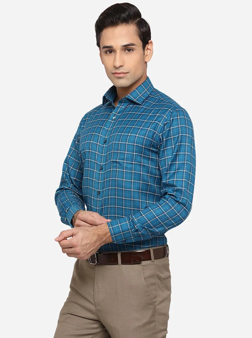 Teal Blue Checked Slim Fit Formal Shirt | Greenfibre