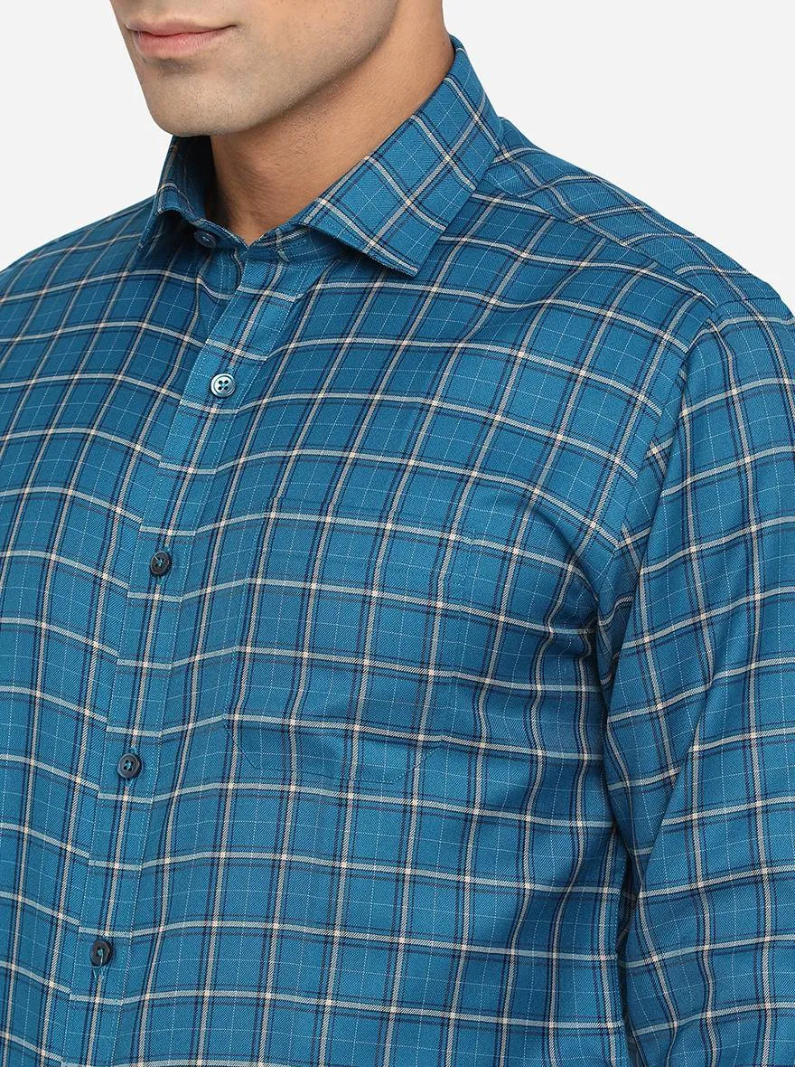 Teal Blue Checked Slim Fit Formal Shirt | Greenfibre