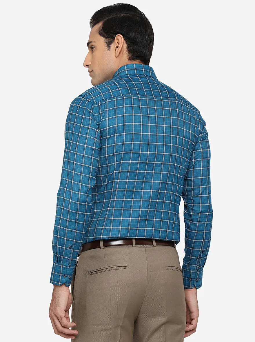 Teal Blue Checked Slim Fit Formal Shirt | Greenfibre