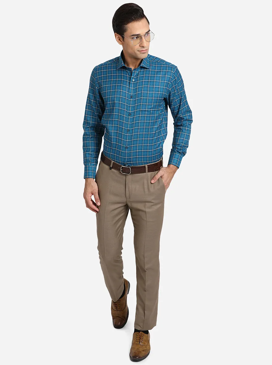 Teal Blue Checked Slim Fit Formal Shirt | Greenfibre