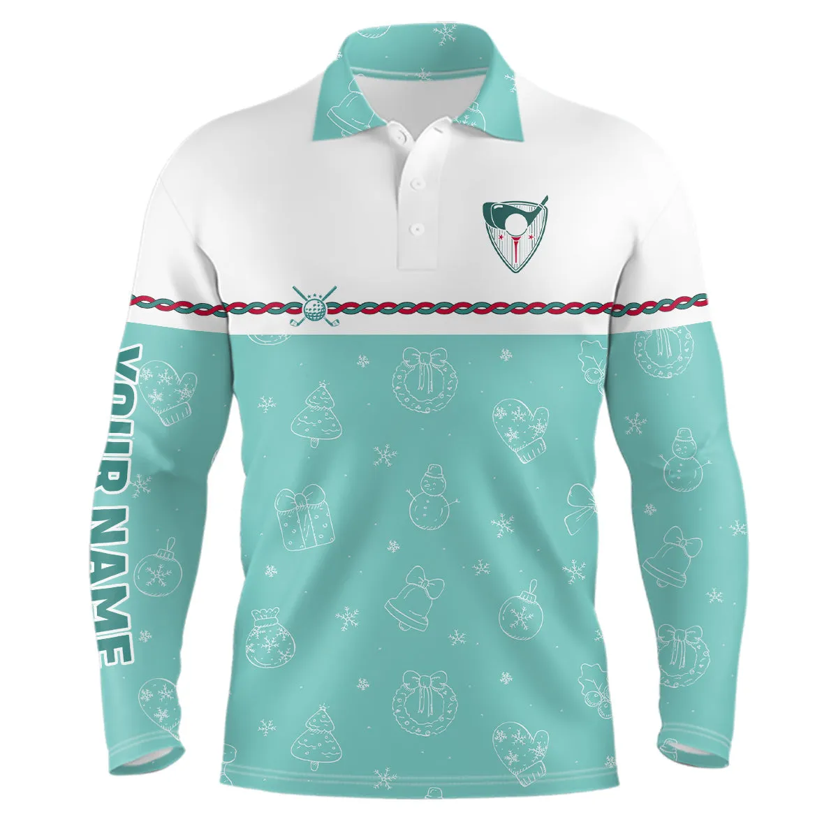 Turquoise Christmas Golf Mens Polo Shirt Custom Winter Pattern Golf Shirts For Men Xmas Golf gifts