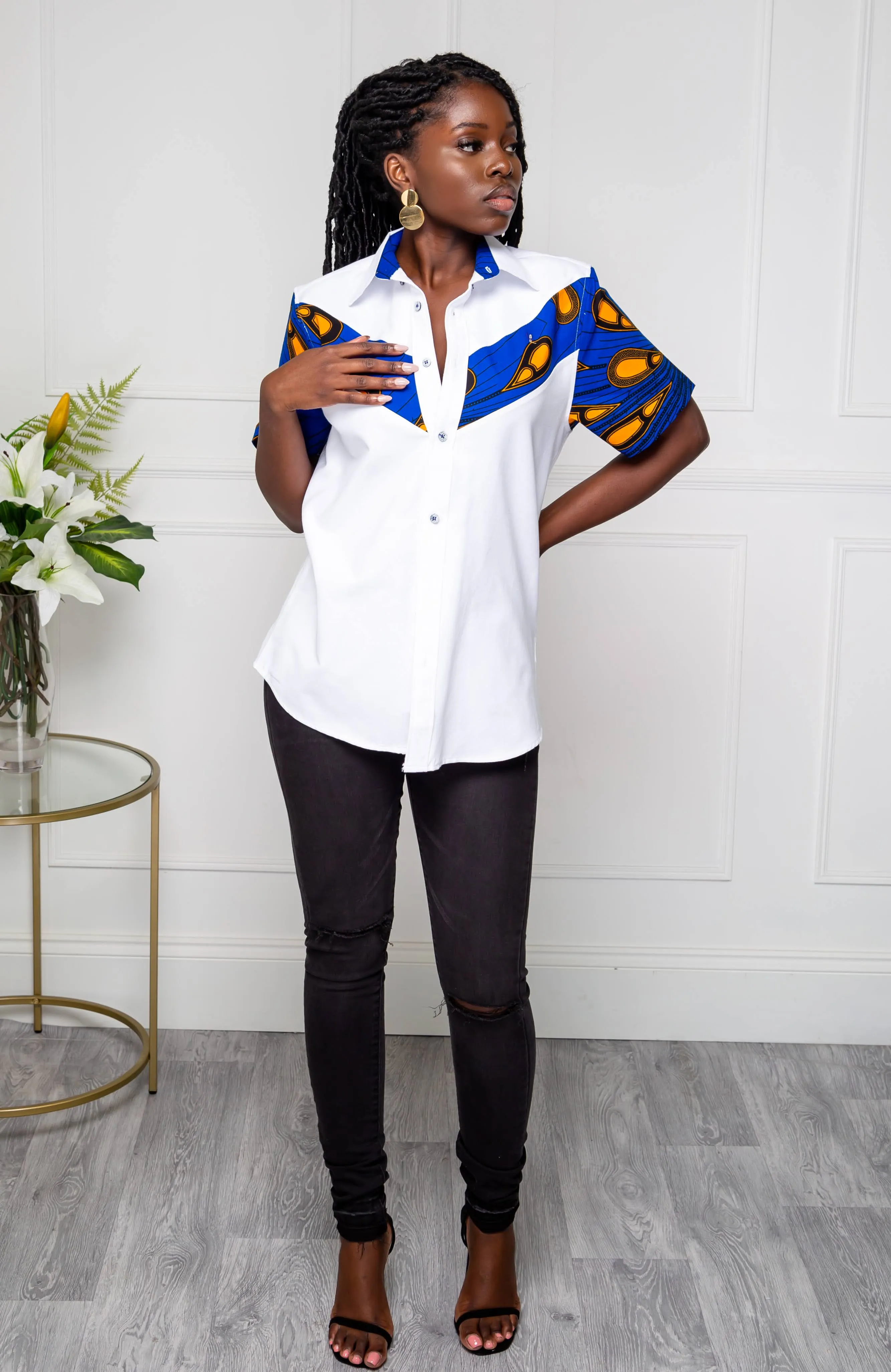 V-Shaped Ankara Shirt for Women | Unisex Short Sleeve African Print Shirt - ELLA