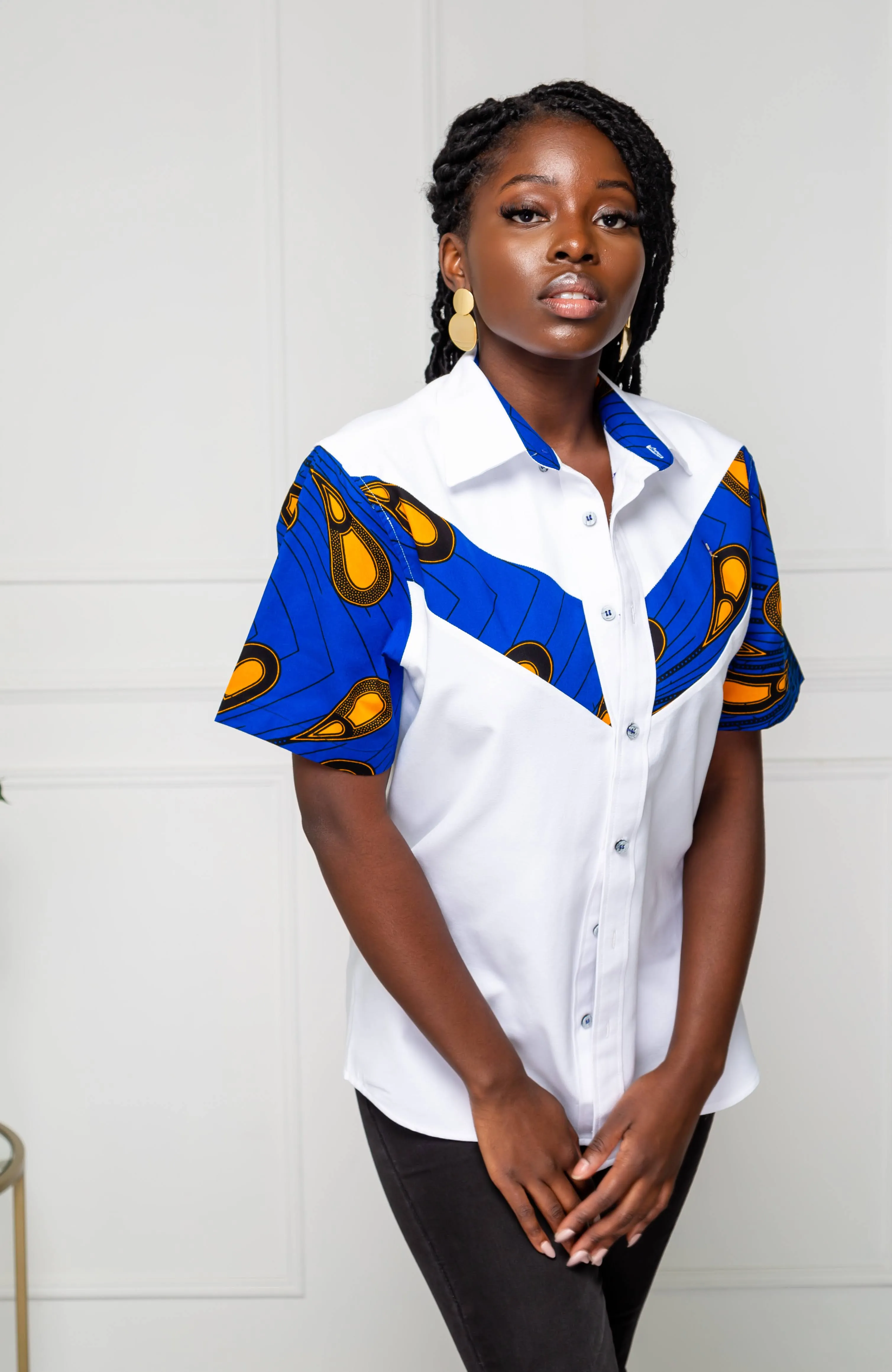 V-Shaped Ankara Shirt for Women | Unisex Short Sleeve African Print Shirt - ELLA