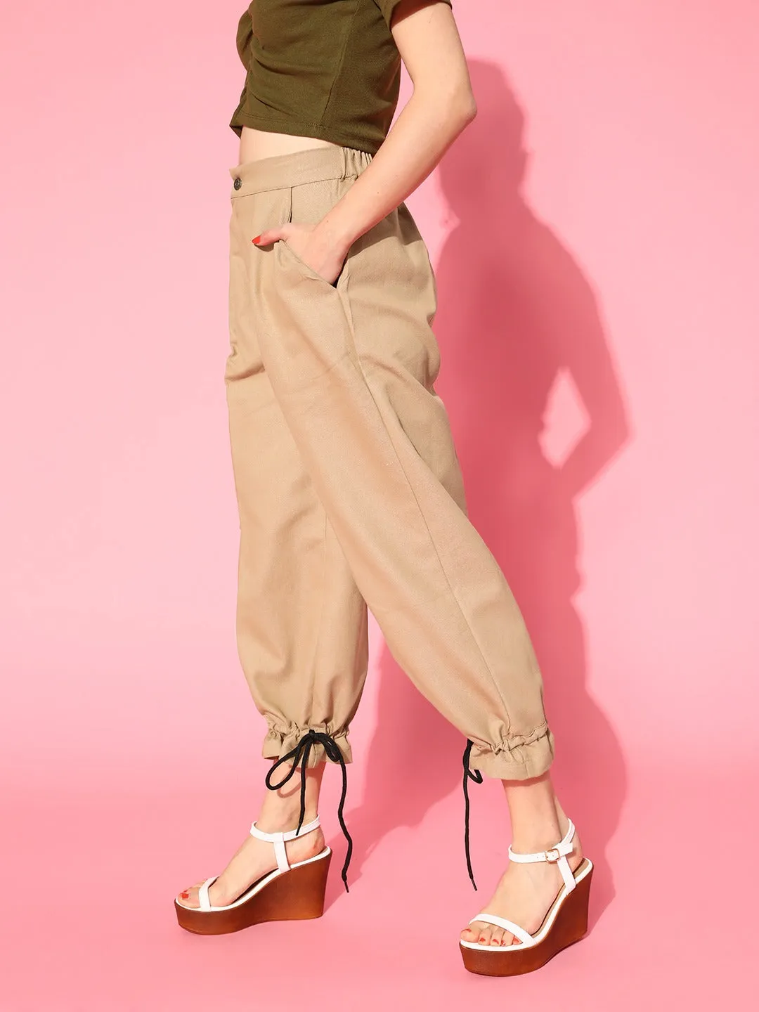 Women Khaki Drawstring Hem Joggers